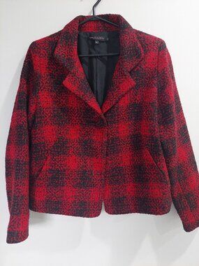 Robert Kitchen Women's Sz L Red Black Plaid Tweed Textured Bouclé Blazer Jacket